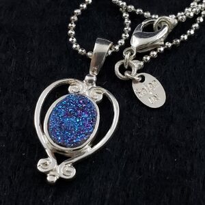 Sajen necklace blue druzy quartz pendant Balinese solid sterling silver layer